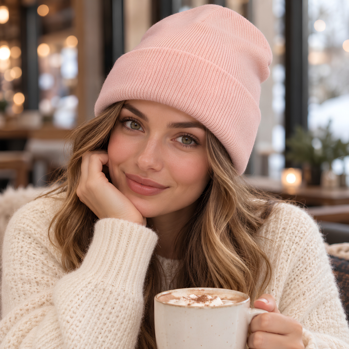 Bonnet d'hiver doublé satin rose porté en hiver