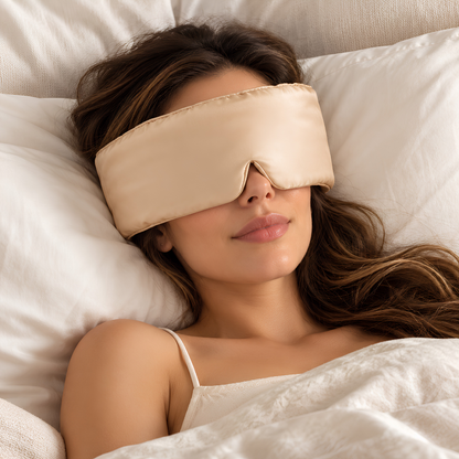 Femme qui dort avec un masque de nuit en soie de mûrier champagne