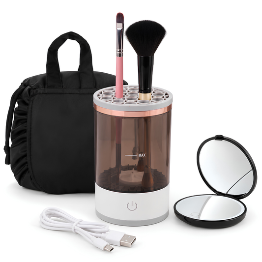 Coffret nettoyeur pinceaux maquillage électrique avec miroir de poche et trousse
